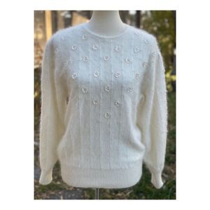 Allison H Vintage 70s Angora Sweater Cream Pearls Flower Applique Keyhole Prince